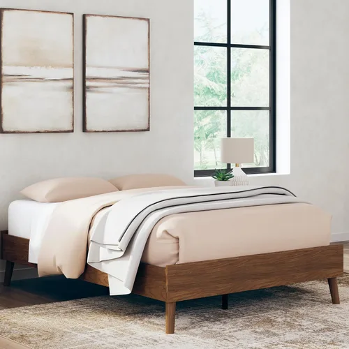 Signature Design by Ashley Fordmont Mid-Century - Cama de plataforma tamaño matrimonial con listones de metal, no necesita somier, color marrón