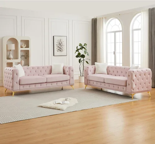 Miniatura 15 de KEIKI Sofá Chesterfield de terciopelo de lujo de 61 pulgadas con 2 almohadas, estilo mediados de siglo con botones copetudos de 2 plazas con cojines