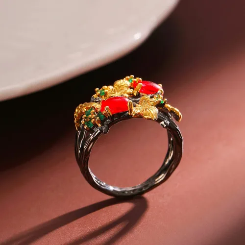 Miniatura 2 de Gothic Ruby Black Rings Women - Colorful Rhinestone Golden Leaf Copper Rings
