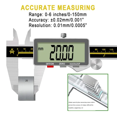 Miniatura 2 de Calibre digital, herramienta de medición Vernier de 0 a 6 pulgadas, micrómetro electrónico con pantalla LCD grande, calibrador métrico de metal