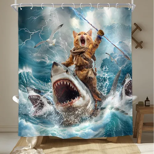 Miniatura 25 de Divertida cortina de ducha con diseño de gato de surf, tiburón, divertida, náutico, océano, océano, mar, ondas, animales, novedad, 72 pulgadas