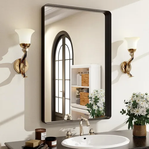 Espejo de baño negro de 30"x22" - Espejo moderno para pared con esquinas redondeadas, espejos de baño para tocador, espejo enmarcado de aleación de