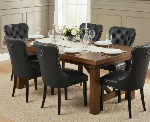 Miniatura 9 de EALSON Juego de 2 sillas de comedor modernas de cuero de mediados de siglo con patas de madera, sillas laterales de cocina tapizadas con ribete