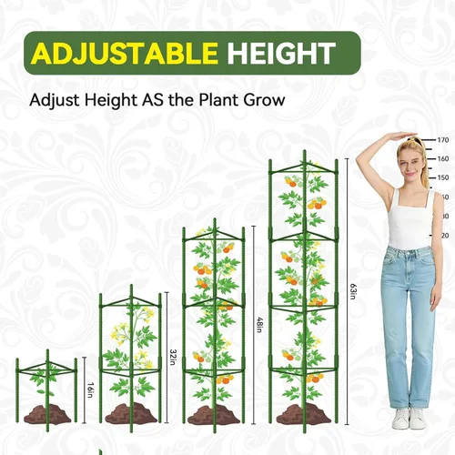 Miniatura 5 de Halatool Paquete de 8 Jaulas Verdes para Tomates, Hasta 63 pulgadas (5.2 pies) Soporte Alto Ajustable para Plantas de Tomate, Estacas de Jardín