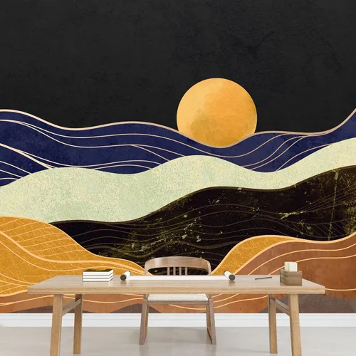 Miniatura 3 de SIGNFORD Adhesivo mural removible para pared, mármol de granito, ondas doradas, cordillera, sol, naturaleza, desierto, ilustraciones, arte rústico
