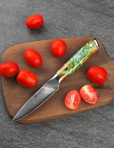 Miniatura 5 de Cuchillo de pelar de 3.5 pulgadas, cuchillo de cocina para frutas y verduras de acero de Damasco y mango de resina - Serie Xuan (Naranja Fantasía)