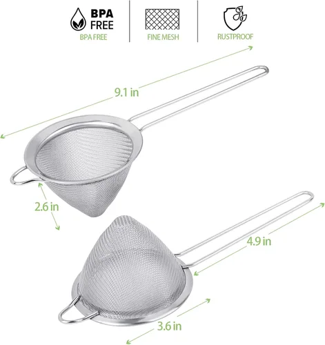 Miniatura 3 de Paquete de 2 coladores de alimentos pequeños de acero inoxidable 18/8, tamiz de malla fina con mango largo, colador de cóctel para cócteles, hierbas