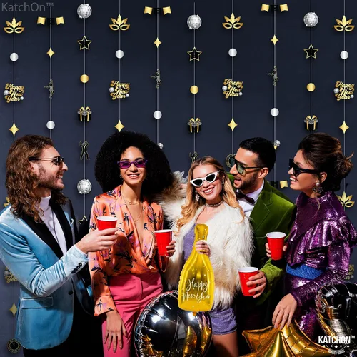 Miniatura 6 de KatchOn, Guirnalda de Feliz Año Nuevo - Paquete de 9 Pre-ensartada, Decoraciones Colgantes Feliz Año Nuevo Suministros de Fiesta de Año Nuevo