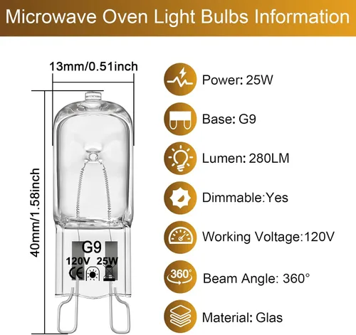 Miniatura 4 de W10709921 - Bombilla para horno microondas Whirlpool, resistente a altas temperaturas a 572.0 °F, bombilla G9 de 120 V 25 W, compatible