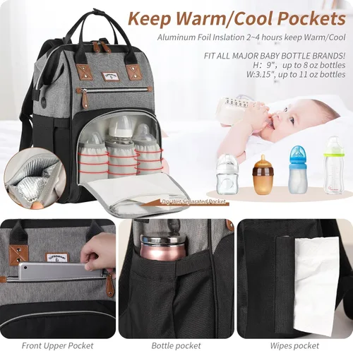 Miniatura 3 de Mochila para pañales: bolsa de bebé grande para niños y niñas, mochila para pañales para hombres, bolsa de hombro para mamá, 2 bolsas de pañales
