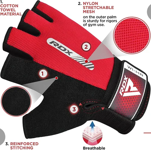 Miniatura 4 de RDX Guantes de levantamiento de pesas para gimnasio, entrenamiento de fitness, protección completa acolchada antideslizante, ultra ventilados, Rojo