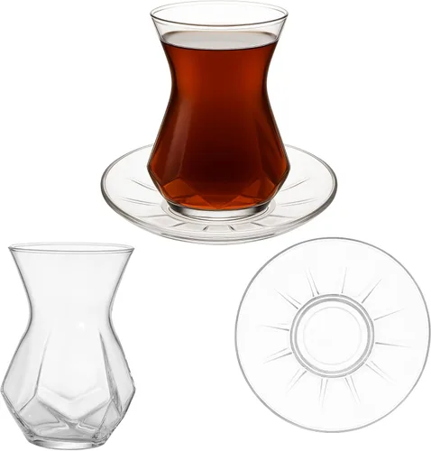 Miniatura 7 de Juego de 6 vasos de té turco con platillos, tazas de té transparentes de diseño especial para bebidas calientes y té de hierbas, tazas de té