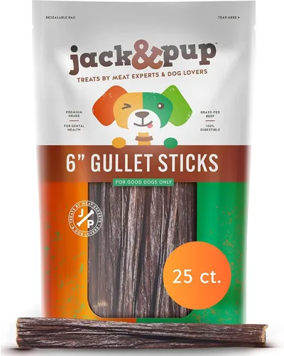 Jack & Pup 6 in, apoyo para la salud de las articulaciones, premio para perros en bastones, masticables, (25 unidades). Bastones de esófago y carne