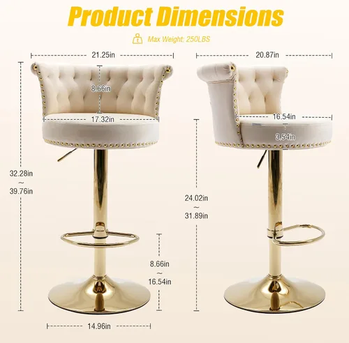 Miniatura 2 de Juego de 2 taburetes de bar giratorios de terciopelo de 360°, butacas ajustables para barra de cocina con respaldo de clavos, base dorada