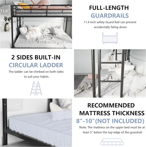 Miniatura 3 de SUNLEI Litera individual sobre individual con nido, cama alta de metal con 2 escaleras seguras, camas nido con protección de seguridad, ahorro