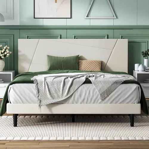 Miniatura 11 de IOILORI - Base de cama tamaño Full con cabecera tapizada en terciopelo de diseño geométrico, estructura robusta y listones de madera, silenciosa,
