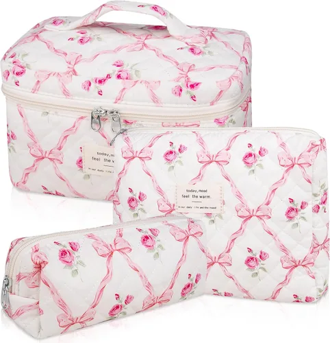 Miniatura 12 de Set de bolsas de maquillaje, bolsa de maquillaje acolchada, bolsa de cosméticos floral grande para mujeres, lindas bolsas de maquillaje de algodón