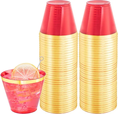 Miniatura 9 de LUODA 150 vasos de plástico púrpura, vasos desechables púrpura de 9 onzas con borde dorado, vasos de plástico con borde dorado estilo antiguo