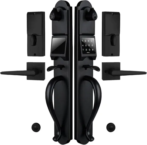 Juego de manijas de doble puerta con cerradura para puerta delantera, llave electrónica y juego ficticio, acabado negro mate