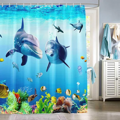 Miniatura 2 de Cortina de ducha con diseño de delfín, peces animales del océano para niños, paisaje del mundo submarino de fantasía azul, 72 x 72 pulgadas, juego