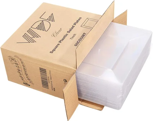 Miniatura 6 de WDF 60 platos de plástico transparente, platos cuadrados desechables para postre/ensalada, plato de plástico de 7 pulgadas para aperitivos de boda