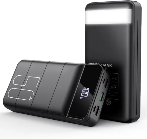 Banco de Energía de Carga Rápida 50000mAh - Cargador Portátil 22.5W USB C con Carga Rápida con 4 Salidas y 3 Entradas Pantalla LED Batería Externa