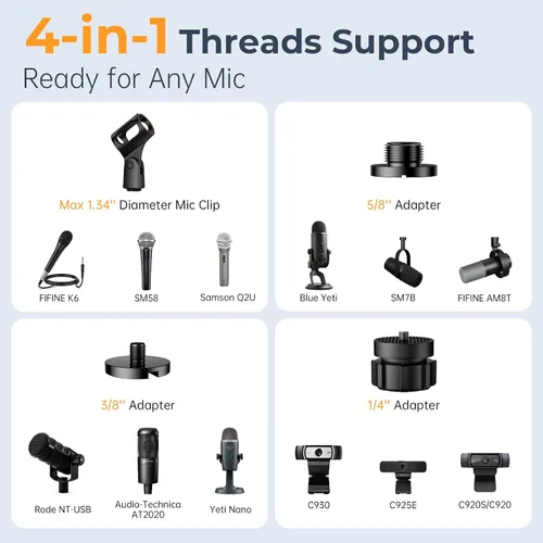 Miniatura 5 de Soporte de micrófono de escritorio, brazo de montaje ajustable con múltiples hilos para Blue Yeti, Fifine, HyperX y más micrófonos, cámaras web