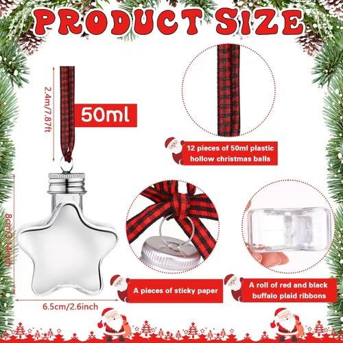 Miniatura 2 de Kajaia 12 bolas de alcohol de Navidad rellenables para árbol de Navidad con calcomanías de cinta a cuadros de búfalo, adornos de plástico