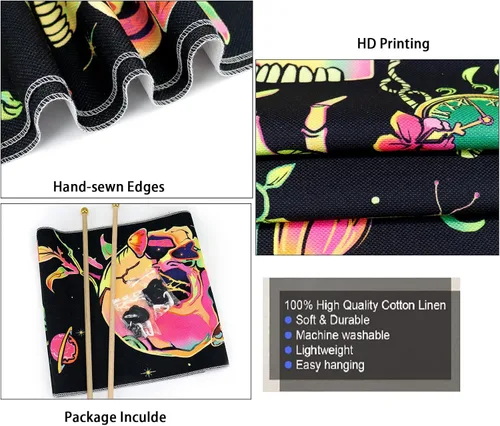 Miniatura 6 de Leofanger Paquete de 2 tapices verticales de calavera negra con luz negra, tapiz de sol y luna, tapiz de flores de mariposa y mariposa negra, tapiz