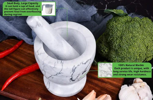 Miniatura 4 de Juego de mortero y mortero de mármol para especias, pastas de condimentos, pastas, cuenco de guacamole, molinillo de hierbas fácil de limpiar. Blanco