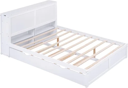 Miniatura 6 de RUNNA Elegante cama de plataforma de tamaño Queen con estantes extraíbles, cama de almacenamiento de madera con nido de tamaño individual