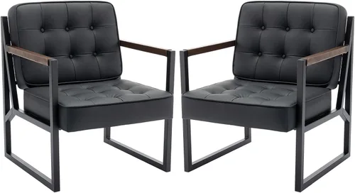 Miniatura 9 de COLAMY Juego de 2 sillas decorativas modernas de mediados de siglo, cómoda silla de sala de estar, silla decorativa de cuero negro, sillón