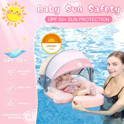 Miniatura 3 de Mambobaby Flotador de piscina para bebé con toldo extraíble – Flotador de natación infantil no inflable con diseño de cola antideslizante