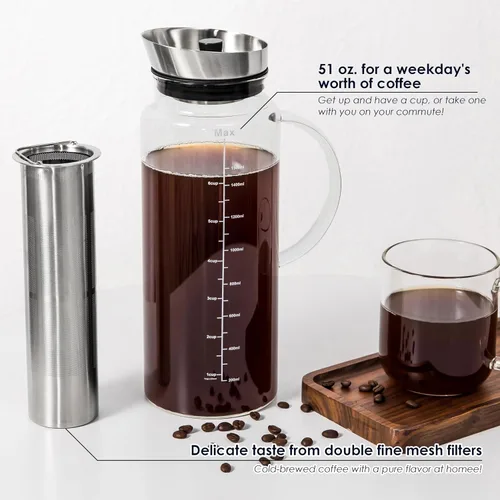 Miniatura 5 de Aquach Cafetera de Café Frío y Té Helado con Jarra de Frutas - Gran Capacidad de 51 Onzas - con Jarra de Vidrio Duradera/Infusor de Malla Fina