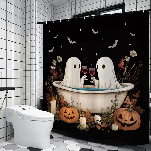 GPGHE Cortina de ducha para decoración de Halloween, fantasma, calabaza, murciélago, vacaciones, juego de cortinas de baño retro con 12 ganchos, 71