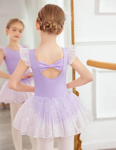 Miniatura 3 de Zaclotre Leotardos de ballet de manga con vuelo para niñas con falda tutú, vestido de baile con lazo en la espalda, trajes de bailarina brillantes