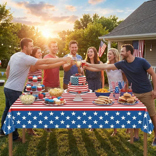 Miniatura 2 de BokingOne 3-Pack 54"x108" American Flag Plastic Tablecloth – Stars & Stripes Design, Disposable for 4th of July, Independence Day, Memorial Day, Rojo