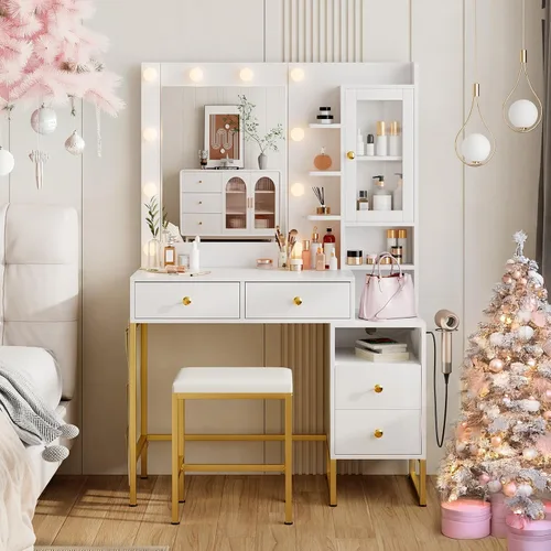 YIKEHOME Escritorio de maquillaje con espejo y 10 luces, bombillas Hollywood más brillantes de 3 colores, juego de mesa de tocador con cajones blanco