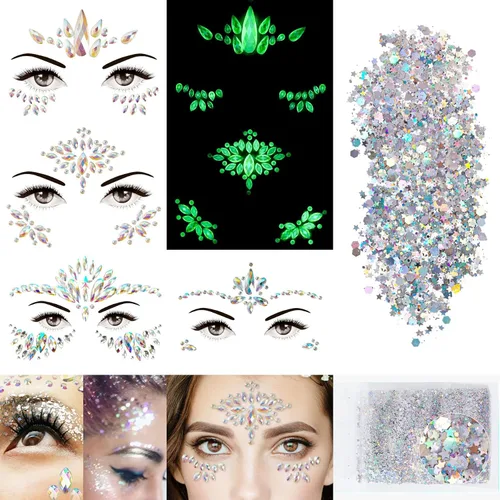4 hojas de gemas faciales de Euforia, 0.35 oz de purpurina gruesa, calcomanías de diamantes de imitación que brillan en la oscuridad, gemas