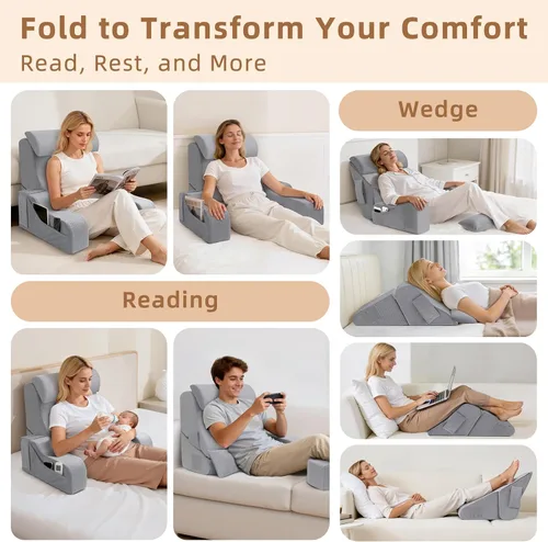 Miniatura 3 de 5 almohadas de lectura para sentarse en la cama para adultos, almohada plegable 2 en 1 con cuña para dormir, almohada ergonómica de apoyo de espalda