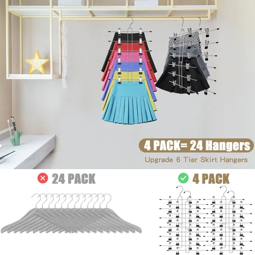 Miniatura 3 de Perchas para faldas de 6 niveles que ahorran espacio, paquete de 4 perchas para pantalones y faldas con clips para armario de mujer, organizador