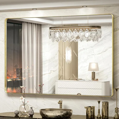 Miniatura 74 de TokeShimi Espejo redondo dorado de 36 pulgadas, espejo redondo de baño para pared con aleación de aluminio antioxidante, marco de metal dorado Oro