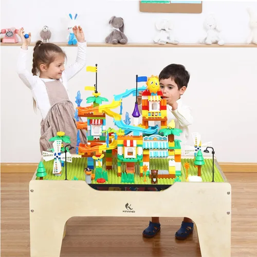 Miniatura 3 de Mesa de Juego de Actividades Todo en Uno para Niños con 290 Ladrillos de Construcción y Set de Tren de Madera de 30 Piezas, Vías, Coches, Pista