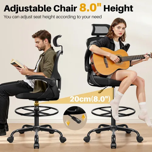 Miniatura 7 de Silla de dibujo, silla de oficina alta para escritorio de pie, respaldo alto ergonómico con reposacabezas, soporte lumbar, anillo para el pie y Negro
