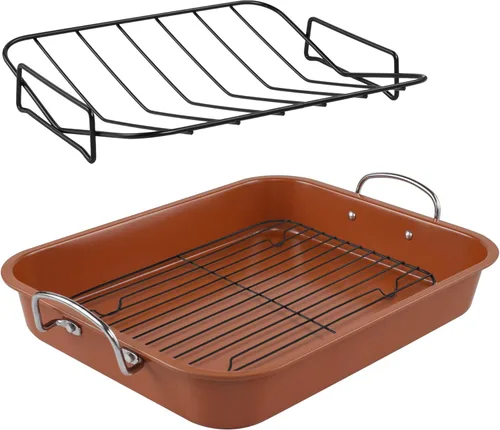KitCom Bandeja para Asar Antiadherente, Asador con Rejilla de Enfriamiento y Rejilla en V - Bandeja para Pavo y Lasaña Rectangular de 16 Pulgadas