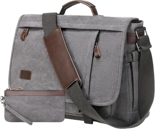Miniatura 9 de Bolso de Mensajero de 17.3 Pulgadas para Hombre: 2 Piezas Bolso para Laptop de Cuero PU y Tela de Lona Maletín de Trabajo Grande para Oficina