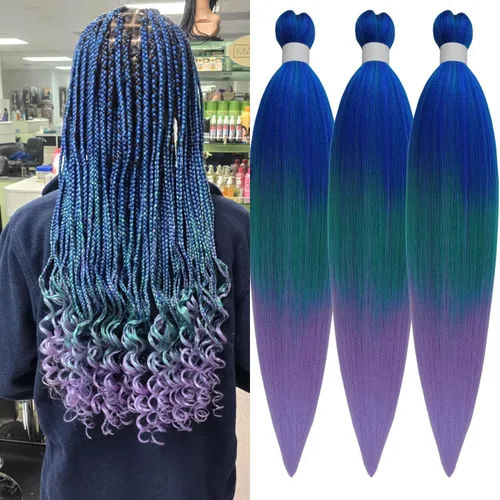 Miniatura 13 de Cabello trenzado verde azulado preestirado, hipoalergénico, sintético, color azul aguamarina, para trenzas y giros, extensiones de cabello largo