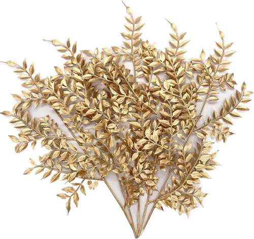 Miniatura 20 de CATTREE Plantas artificiales para decoración de Navidad, hierba de plástico dorado, hojas falsas, arbustos de simulación para interiores y Hojas