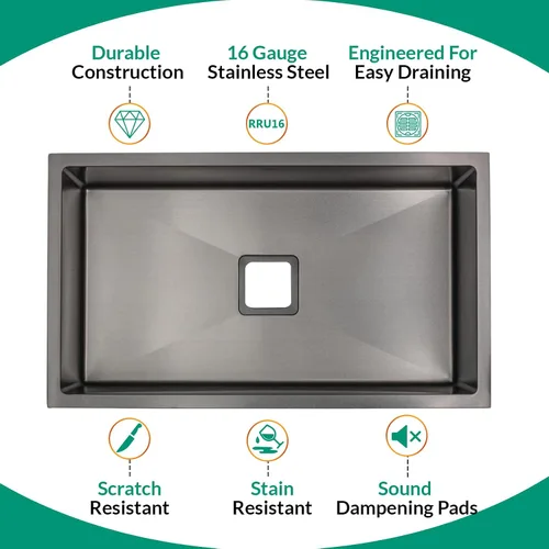 Miniatura 3 de Strictly Sinks Fregadero de Cocina de Montaje Inferior de Un Solo Tazón de 32 Pulgadas – Fregadero Negro Metálico Accesorio de Estante de Diseñador
