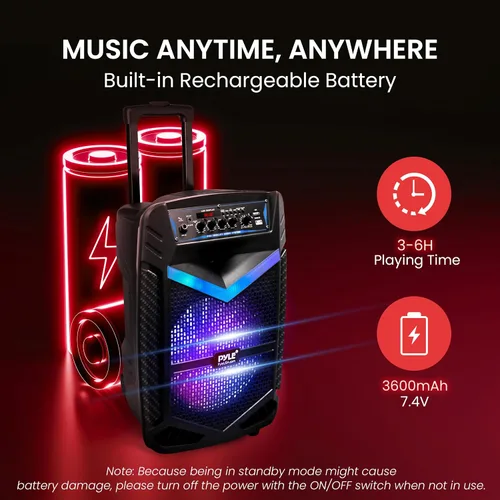 Miniatura 5 de Pyle Altavoces Portátiles Bluetooth con Subwoofer de 10 Pulgadas, Altavoz Inalámbrico con Radio FM, Sistema de Karaoke y Batería Recargable, Luces